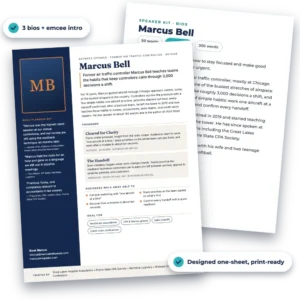 Sample speaker kit: a designed one-sheet and a bio page for a fictional speaker